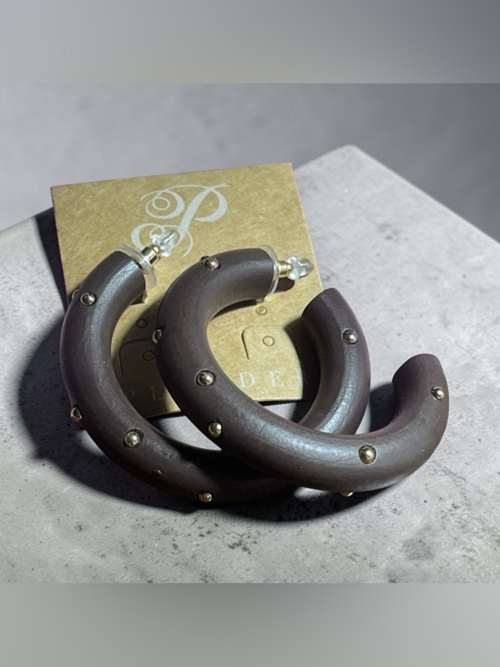 Plunder Dark Brown Hoop Earrings with Gold Studs